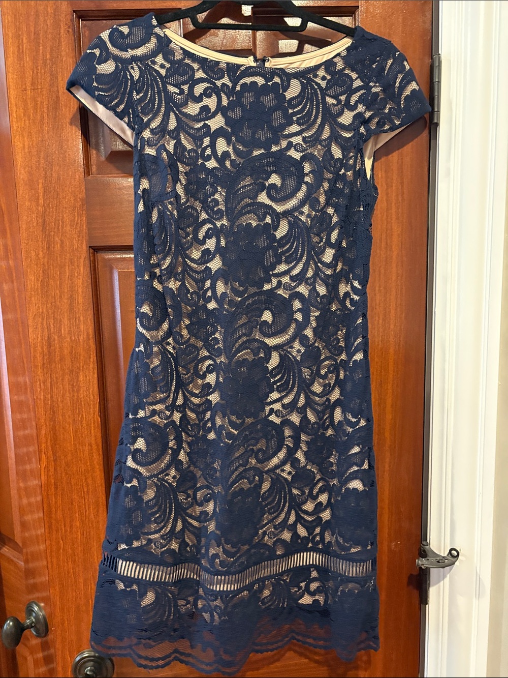Vince Camuto Navy Lace Overlay Sheath Dress with Nude Lining